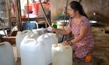 Gia đình ông Phạm Văn Thị trữ nước vào can.