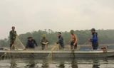 Đánh bắt thủy sản bằng phương pháp bắt chuồng trên hồ Xuân Khanh. Ảnh: ATP.