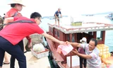 Hai bác sĩ Thanh Tùng, Hồng Lê chuyển những loại thuốc chữa bệnh cho người chủ tàu. Ảnh: P.H