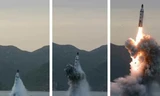 Triều Tiên phóng thử tên lửa đạn đạo từ tàu ngầm hôm 23/4. Ảnh: Rodong Sinmun