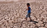Trẻ em giữa cánh đồng nứt nẻ ở Sóc Trăng. Ảnh: Hòa Hội