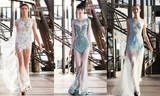 Dàn mẫu Âu-Việt trình diễn váy xuyên thấu của Hoàng Hải trên khung cảnh tráng lệ của tháp Eiffel.