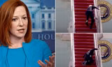 Bà Jen Psaki (trái) và khoảnh khắc ông Biden vấp ngã cầu thang (phải).