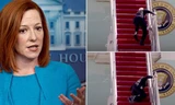 Bà Jen Psaki (trái) và khoảnh khắc ông Biden vấp ngã cầu thang (phải).