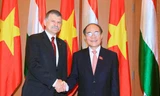 Chủ tịch Quốc hội Nguyễn Sinh Hùng hội đàm với Chủ tịch Quốc hội Hungary Kover Laszlo. Ảnh: TTXVN.