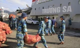 Các chiến sĩ vận chuyển hàng hóa Tết lên tàu chuẩn bị khởi hành ra Trường Sa. Ảnh: Trường Phong.