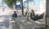 Người dân mắc võng dưới tán cây trên đường Lê Văn Lương (Hà Nội) để tránh nắng và nghỉ trưa.