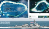 Chiến hạm Mỹ USS Lassen tiến vào khu vực gần đảo nhân tạo Trung Quốc xây trái phép và ảnh vệ tinh đá Vành Khăn (trái) và Xu Bi. Ảnh: SCMP.