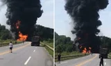 Hình ảnh vụ cháy xe bồn xảy ra chiều 5/9 tại km136 cao tốc Nội Bài - Lào Cai.