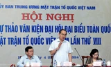 Ông Nguyễn Thiện Nhân, Ủy viên Bộ Chính trị, Chủ tịch Ủy ban Trung ương MTTQ Việt Nam phát biểu tại hội nghị. Ảnh: Nguyễn Dân