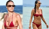 Hai thiên thần nội y đắt giá cùng diện bikini đỏ nổi bật trên biển
