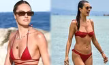 Hai thiên thần nội y đắt giá cùng diện bikini đỏ nổi bật trên biển
