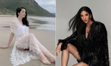 Hoàng Thuỳ mặc áo lông khoe chân dài 'cực phẩm', Giáng My diện váy xuyên thấu trên biển