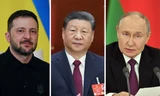 Tổng thống Ukraine Volodymir Zelensky, Chủ tịch Trung Quốc Tập Cận BÌnh và Tổng thống Nga Vladimir Putin. (Ảnh: AP)
