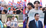 Đám đông cầm ảnh Chủ tịch Thượng viện Campuchia Hun Sen và Thủ tướng Hun Manet trong cuộc tuần hành ở Phnom Penh ngày 18/6. (Ảnh: Khmer Times)
