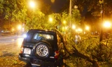 Cành cây lớn bị gió bẻ gãy đè lên ô tô trên đường Trần Nhân Tông (Hà Nội). Ảnh: Thanh Hà