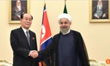 Ông Kim Yong-nam, Chủ tịch Hội đồng nhân dân tối cao Triều Tiên hội đàm với Tổng thống Iran Hassan Rowhani ngày 7/8 tại Tehran. Hai nước này luôn là cái gai trong mắt Mỹ vì sở hữu các chương trình hạt nhân. Ảnh: SCMP