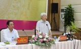 Tổng Bí thư Nguyễn Phú Trọng phát biểu tại buổi làm việc với Ban Thường vụ Tỉnh ủy và lãnh đạo chủ chốt tỉnh Đồng Tháp. Ảnh: Trí Dũng/TTXVN.