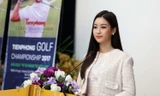 Hoa hậu Mỹ Linh tại buổi họp báo giải Golf Tiền Phong Championship 2017. Ảnh: Như Ý.