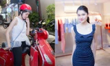 Á hậu Thuỳ Dung để mặt mộc, tự lái xe máy đi thử đồ