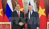Chủ tịch nước Trần Đại Quang và Tổng thống Liên bang Nga V. Putin bắt tay sau Lễ ký các văn kiện hợp tác giữa hai nước. (Ảnh: Nhan Sáng/TTXVN)