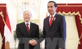 Tổng thống Indonesia Joko Widodo đón Tổng Bí thư Nguyễn Phú Trọng. (Ảnh: Trí Dũng/TTXVN)