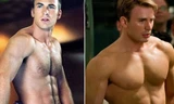 Cơ bắp của Chris Evans lúc đóng Captain America: First Avenger (phải) đã to và săn hơn hẳn so với khi vào vai Johnny Storm trong Fantastic Four.