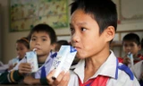 Trẻ em uống sữa học đường. Ảnh: Hồng Vĩnh 