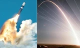 Vụ phóng tên lửa đạn đạo liên lục địa Trident-II D5 từ tàu ngầm lớp Ohio (trái) và luồng sáng trên bầu trời, phát ra từ vụ phóng tên lửa đạn đạo liên lục địa LGM-30 Minuteman II trên mặt đất.