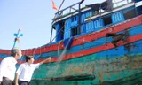 Ông Ngữ và cán bộ huyện đảo Hoàng Sa khảo sát hiện trạng hư hại con tàu đắm.