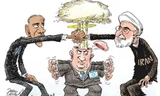 Tổng thống Mỹ và tổng thống Iran vui mừng với thỏa thuận khung về hạt nhân Iran nhưng thủ tướng Israel quyết liệt phản đối. Biếm họa của DARYL CAGLE (Mỹ).