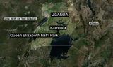 Lãnh thổ Uganda trên bản đồ. Khu vực Công viên Quốc gia Nữ hoàng Elizabeth ở phía tây nam được xác định là nơi xảy ra vụ bắt cóc nữ du khách Mỹ