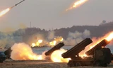 Các dàn phóng tên lửa đa nòng (MLRS) của Triều Tiên. Ảnh: KCNA