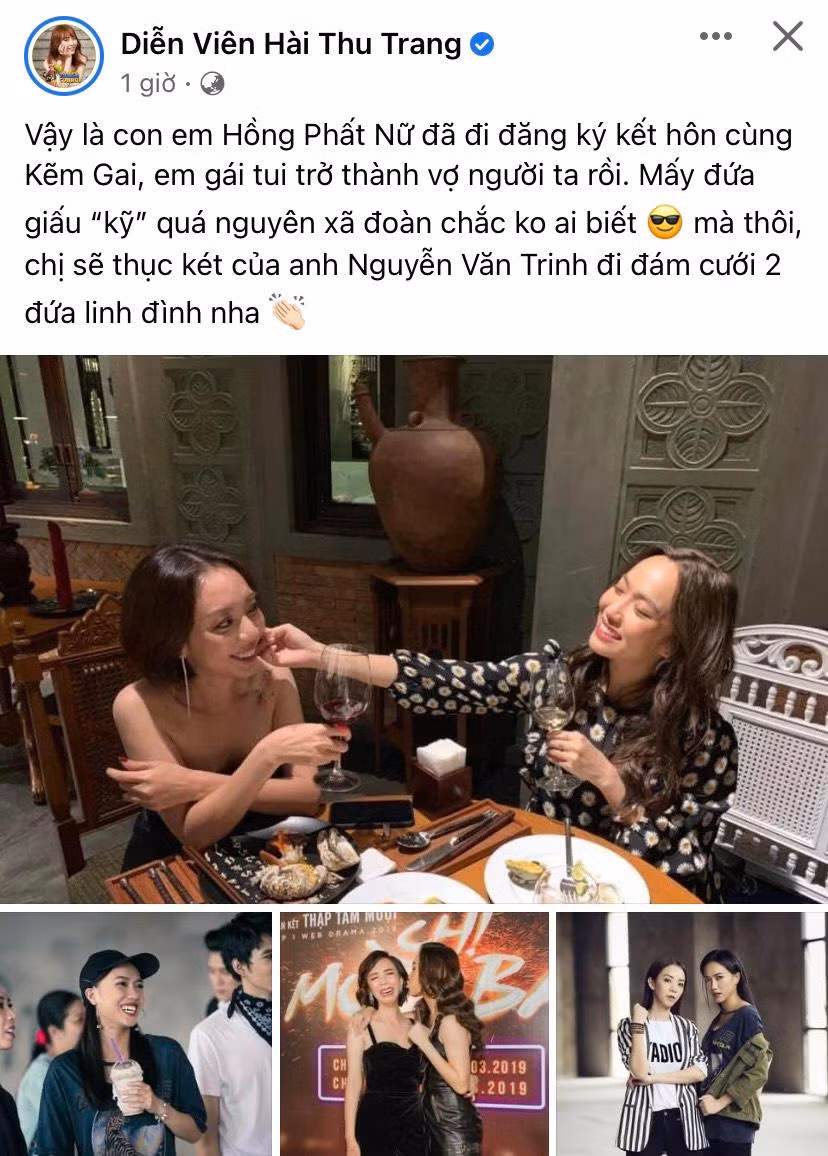 Thu Trang bày tỏ niềm vui trước hạnh phúc của cô em thân thiết. Thu Trang bày tỏ niềm vui trước hạnh phúc của cô em thân thiết.