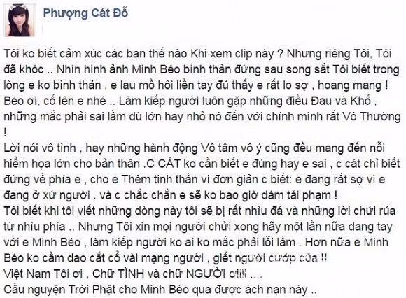 Bài đăng ủng hộ Minh Béo của Cát Phượng đã khiến cư dân mạng bùng nổ tranh cãi. - Ảnh: FB nhân vật. Bài đăng ủng hộ Minh Béo của Cát Phượng đã khiến cư dân mạng bùng nổ tranh cãi. - Ảnh: FB nhân vật.