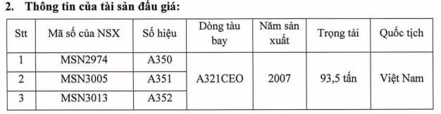 Thông tin về 3 máy bay được Vietnam Airlines đấu giá. Thông tin về 3 máy bay được Vietnam Airlines đấu giá.