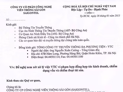 Công văn tố cáo của Công ty Cổ phần Công nghệ Viễn thông Sài Gòn đối với Tổng công ty Truyền thông Đa phương tiện (VTC). Công văn tố cáo của Công ty Cổ phần Công nghệ Viễn thông Sài Gòn đối với Tổng công ty Truyền thông Đa phương tiện (VTC)