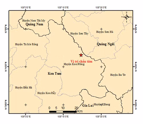 Tâm chấn (dấu sao) trận động đất sáng nay tại tỉnh Kon Tum. Tâm chấn (dấu sao) trận động đất sáng nay tại tỉnh Kon Tum.