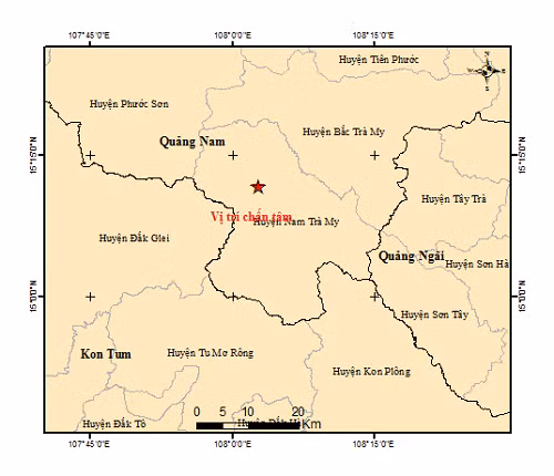 Tâm chấn (dấu sao) trận động đất sáng nay ở huyện Nam Trà My, Quảng Nam. Tâm chấn (dấu sao) trận động đất sáng nay ở huyện Nam Trà My, Quảng Nam.