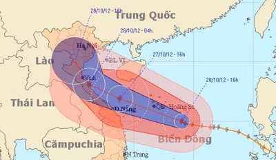Dự báo đường đi của bão Sơn Tinh (Nguồn: Trung tâm Dự báo Khí tượng Thủy văn T.Ư). Dự báo đường đi của bão Sơn Tinh (Nguồn: Trung tâm Dự báo Khí tượng Thủy văn T.Ư)