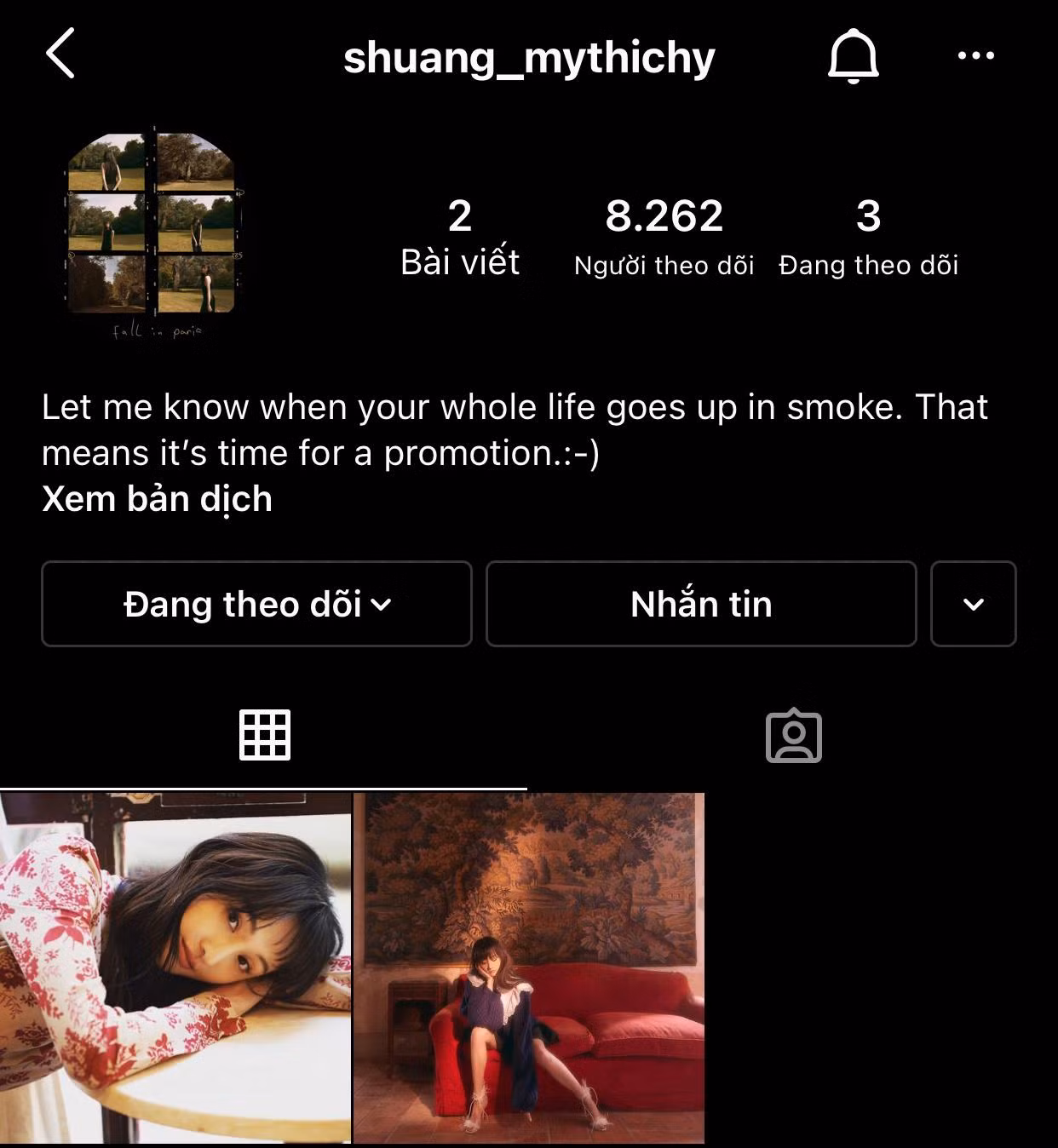 Tài khoản Instagram của Trịnh Sảng.