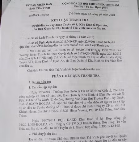 Kết luận thanh tra sai phạm của Chủ tịch tỉnh Trà Vinh đối với một dự án do Ban Quản lý Khu Kinh tế Trà Vinh làm chủ đầu tư. (Ảnh: Huỳnh Hải)