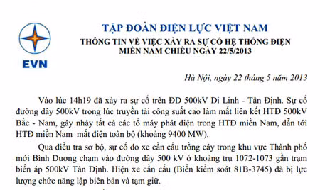 Thông cáo của EVN về sự cố mất điện tại miền Nam