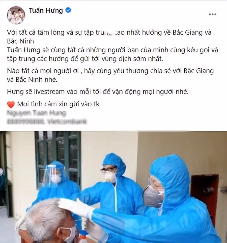 Tuấn Hưng kêu gọi mọi người ủng hộ cho Bắc Giang và Bắc Ninh chống dịch.