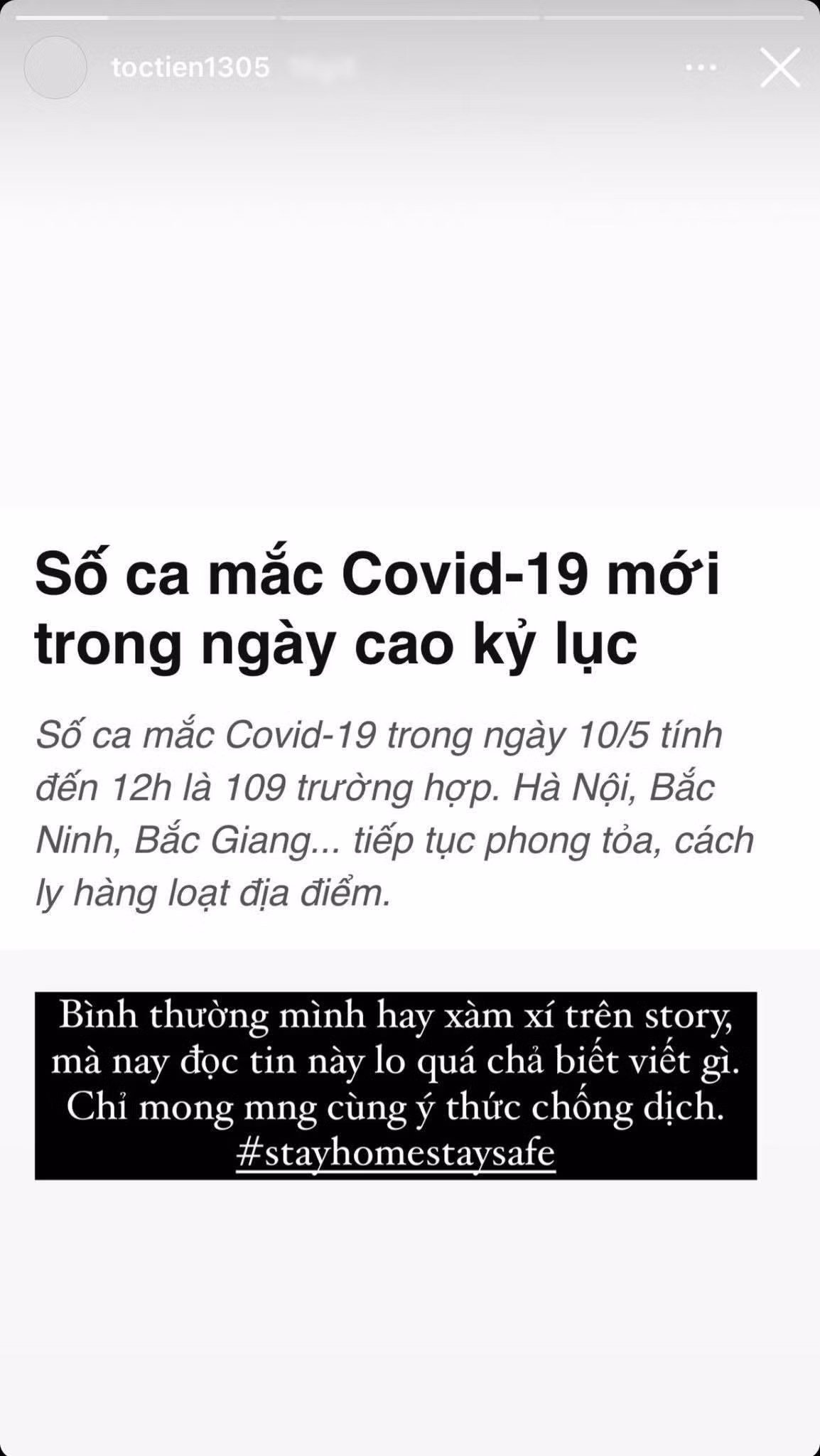Bà xã Touliver chia sẻ lại bài báo cập nhật số ca nhiễm mới nhất và kêu gọi người dân ý thức trong việc phòng chống dịch.