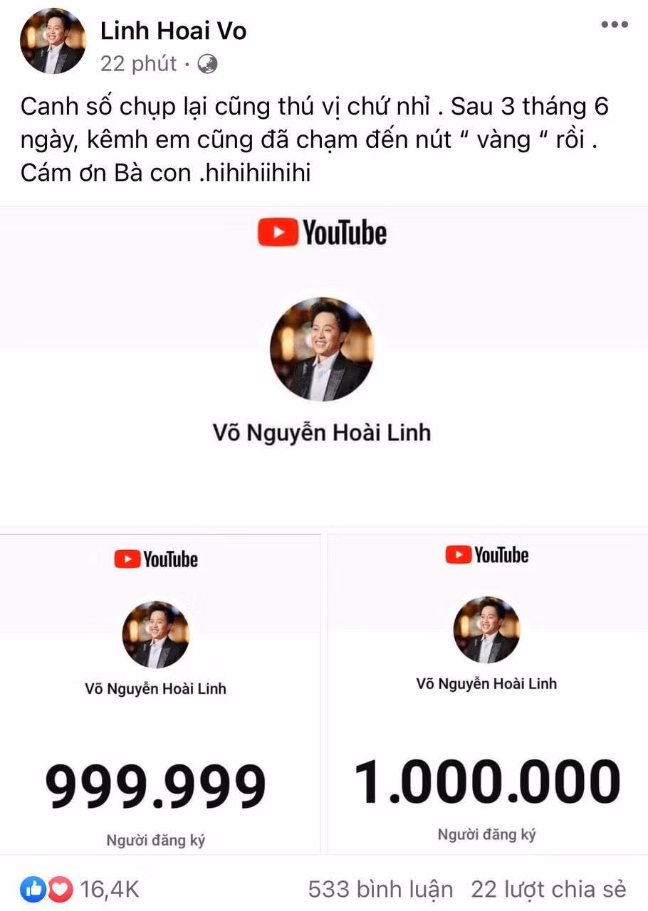 Hoài Linh chia sẻ niềm vui đến người hâm mộ. Ảnh: FBNV