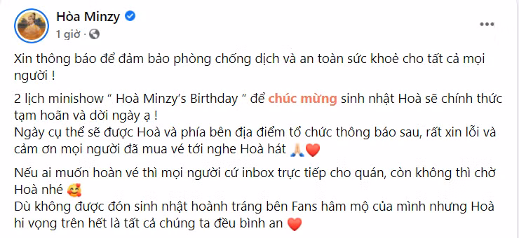 Nữ ca sĩ thông báo về việc hoãn tổ chức minishow.