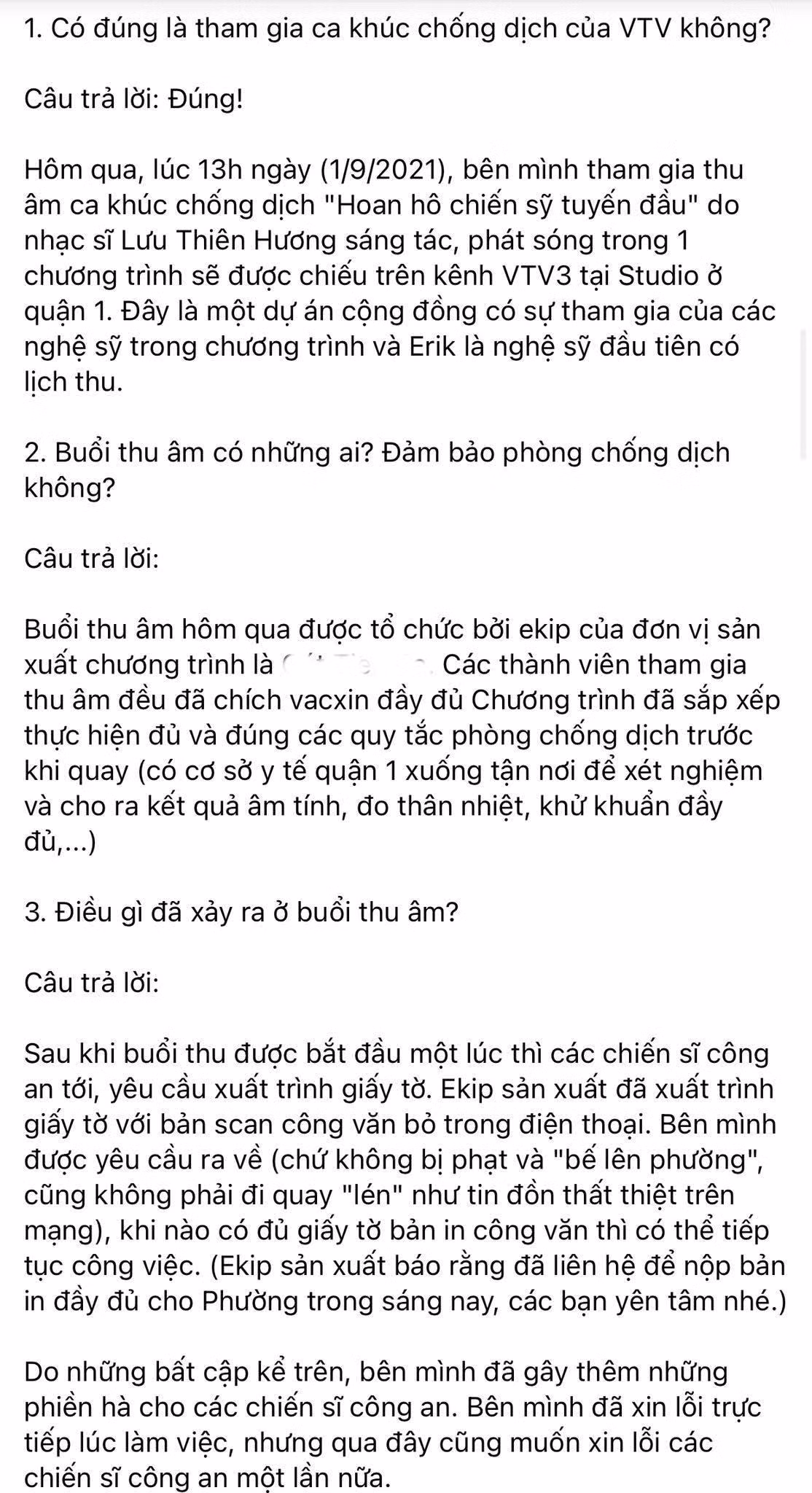 Cụ thể bài viết, giải thích việc Erik đi thu âm giữa mùa dịch.