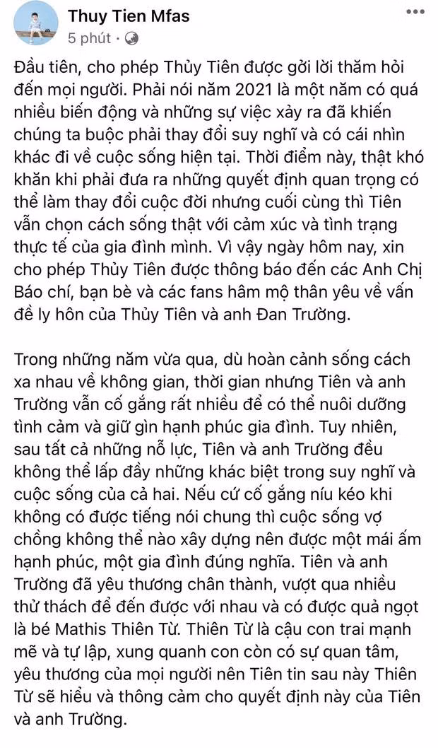 Thông báo ly hôn của doanh nhân Thủy Tiên gửi đến người hâm mộ.