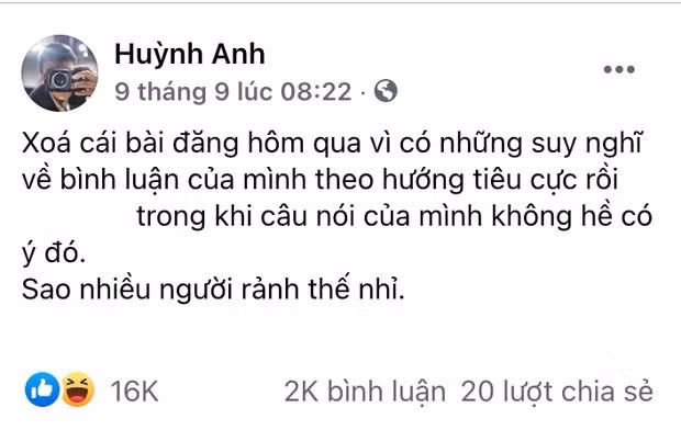 Huỳnh Anh đáp trả sau khi nhận về nhiều bình luận tiêu cực.